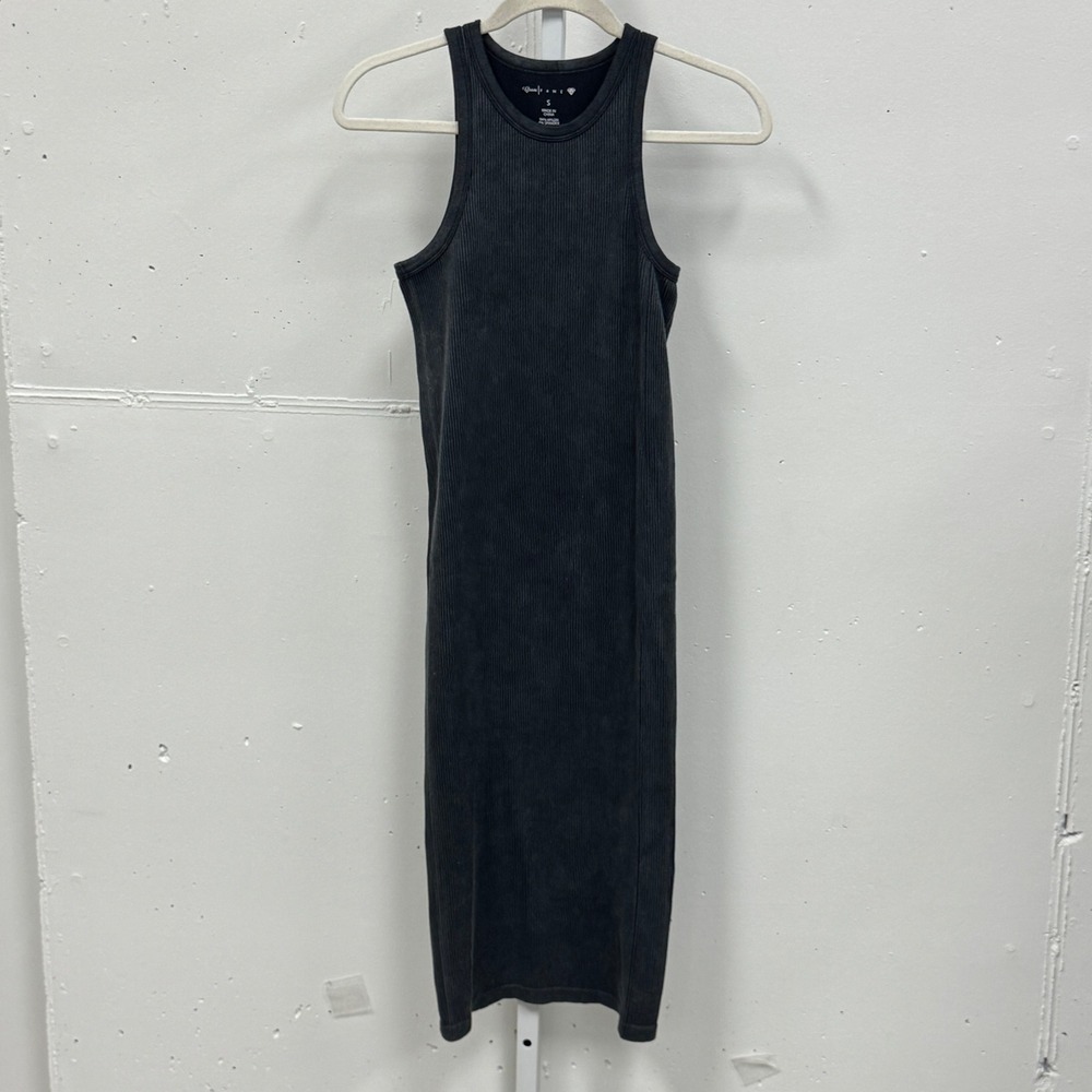 Brave Fame‎ Ribbed Racerback Midi Dress Charcoal Grey Mineral Wash Small Bodycon